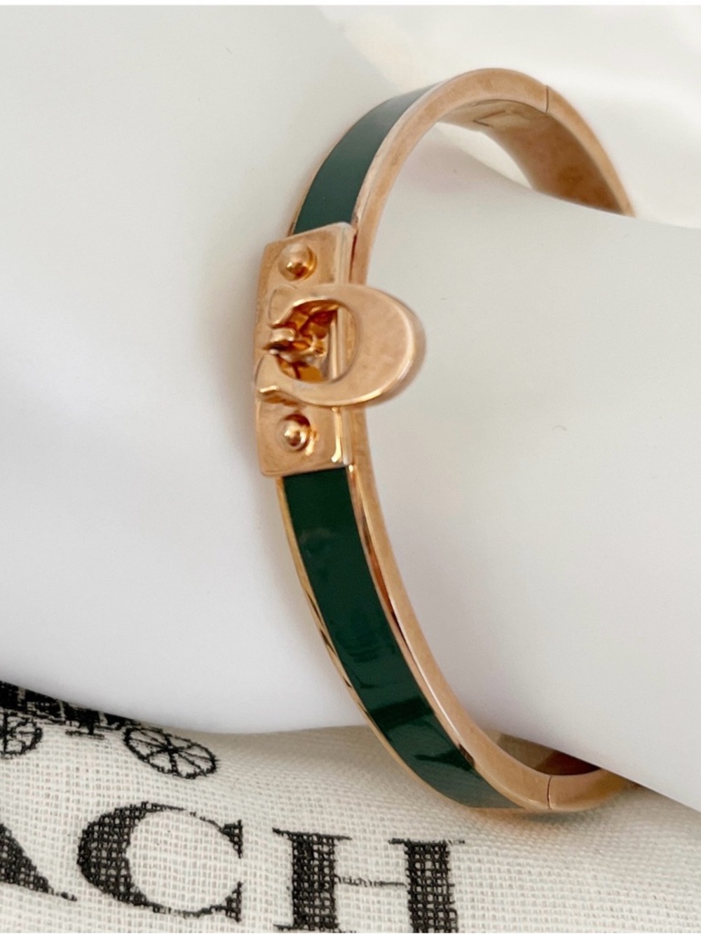 COACH Signature Push Hinged Bangle Green Enamel Rose Gold Toned Brass C Charm